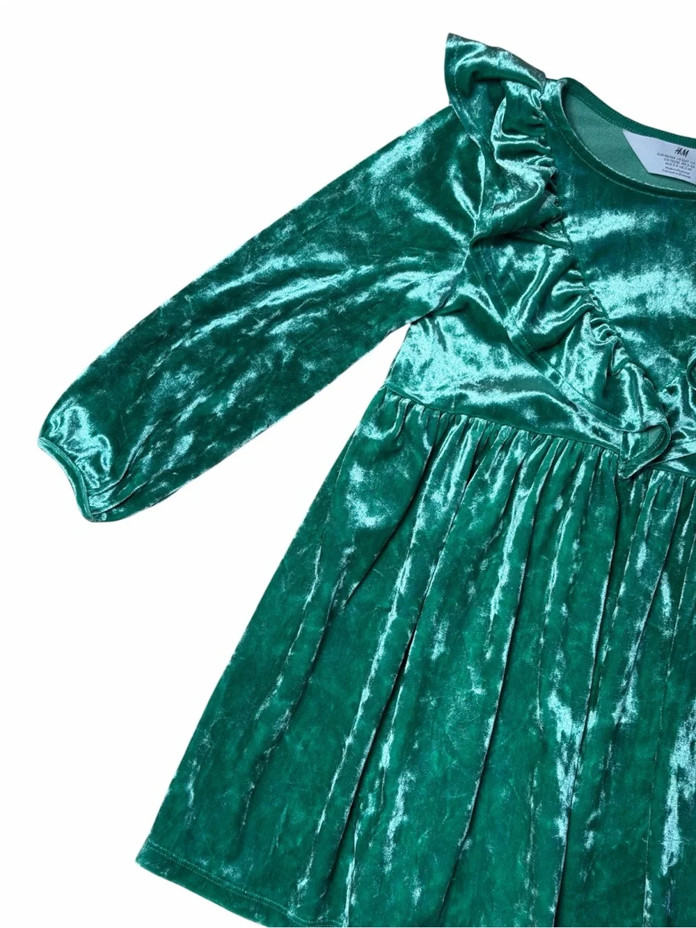 H&M Crushed Green Velvet Long Sleeve Dress Girls 3/4T
